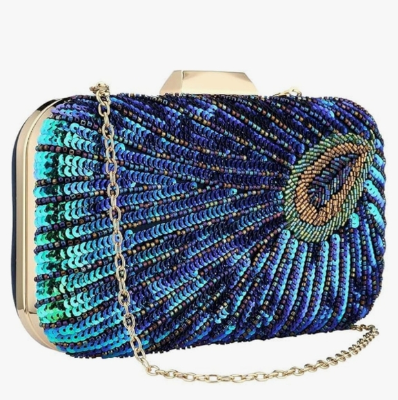 Peacock Blue Feather Retro 20s 30s Style Sequin Box Clutch Purse Crossbody Chain - Picture 14 of 16